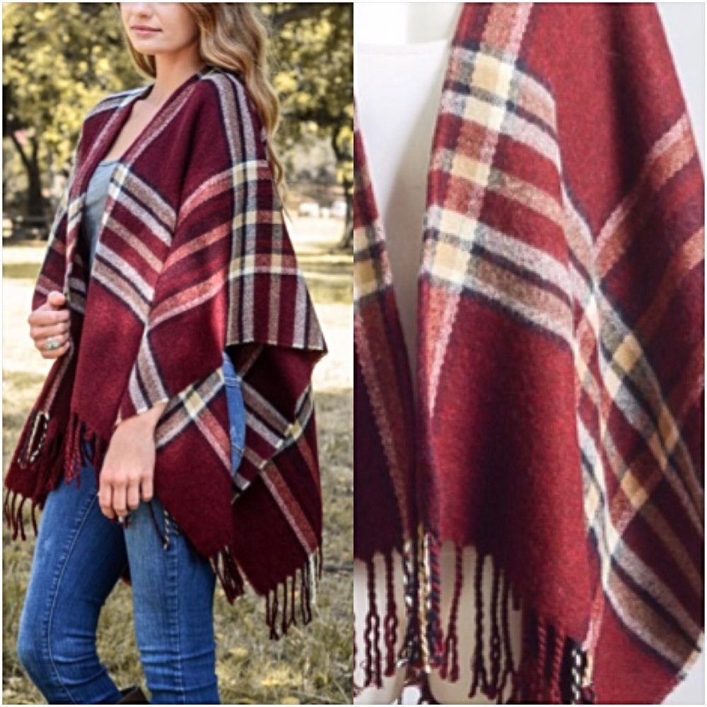 Bohemian Plaid Tassel Sweater Cardi Kimono Scarf - Picture 4 of 6